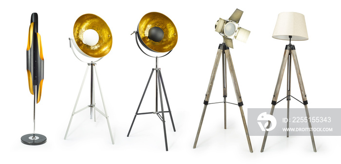 Set of Tripod Light projector isolated on white with clipping path included, Decorative light projectors isolated..