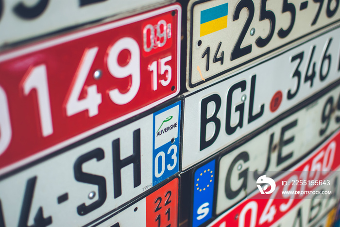 Collection of European license plates from different countries.