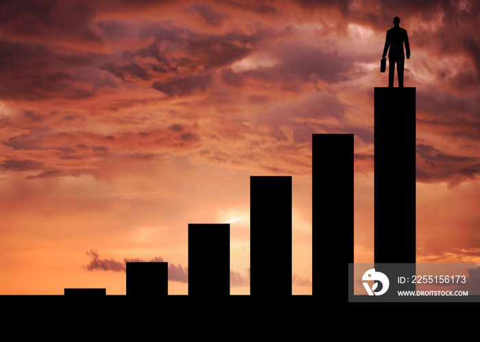 businessman on top of Column chart on the beach sunset. personal improvement and business success process. Growth and vision concept.