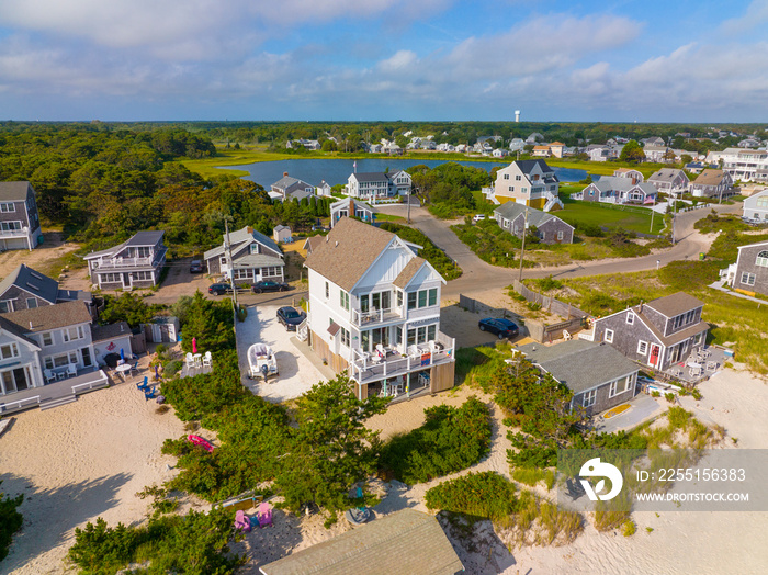 Historic waterfront house aerial view at West Dennis Beach in summer in town of Dennis, Massachusetts MA, USA.