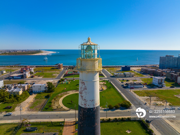 Absecon Lighthouse aerial view at the mouth of Absecon Inlet in the north end of Atlantic City, New Jersey NJ, USA. The light house was built in 1856 and is the tallest Lighthouse in New Jersey.