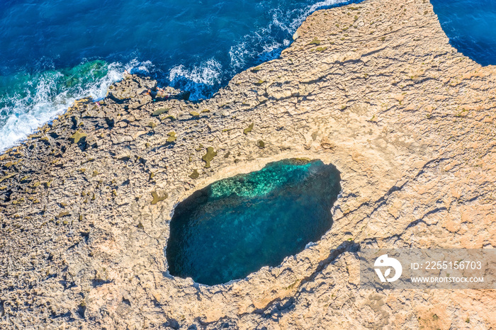 Aerial top view over the Coral Lagoon in Mellieha view on cape of Malta island.