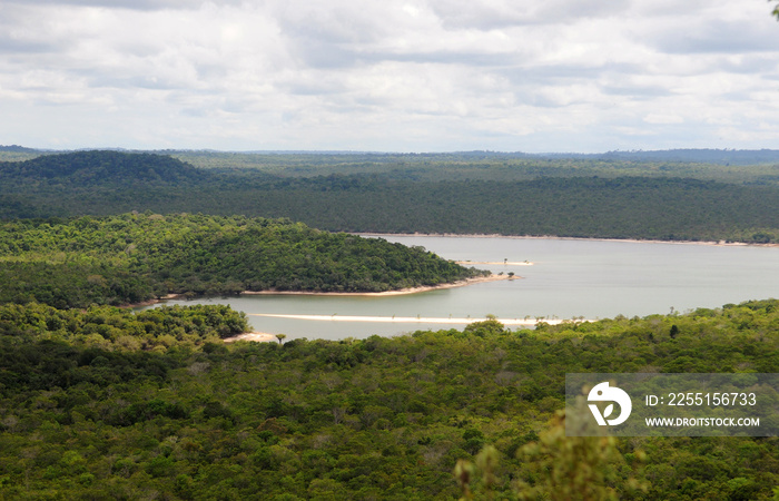 View of the beaches of Alter do Chão, state of Pará, Brazil, with piraoca hill in the background. An island with freshwater beaches of the Tapajós River