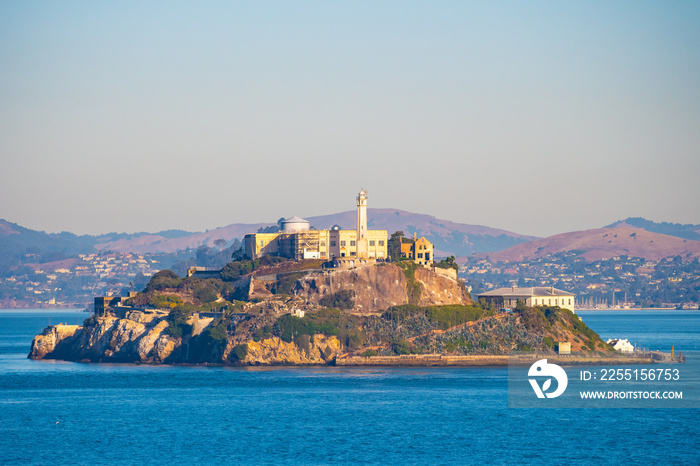 Alcatraz Prison Island in San Francisco Bay, offshore from San Francisco, California, a small island with military fortification and federal prison, now a famous national historical landmark.