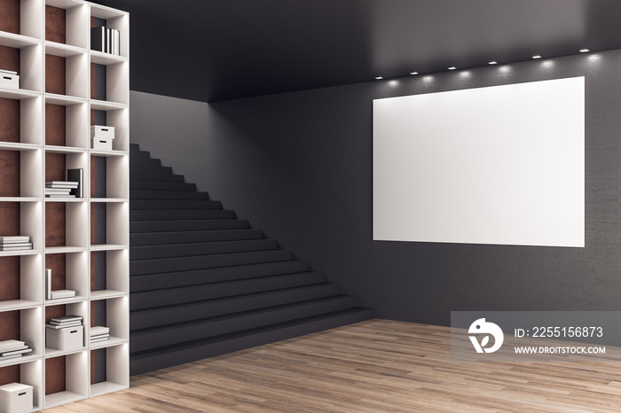 Minimalistic loft office room with bookcase and blank poster wall.