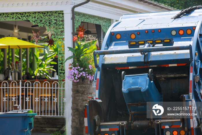 Urban municipal recycling garbage collector truck waste trash bin