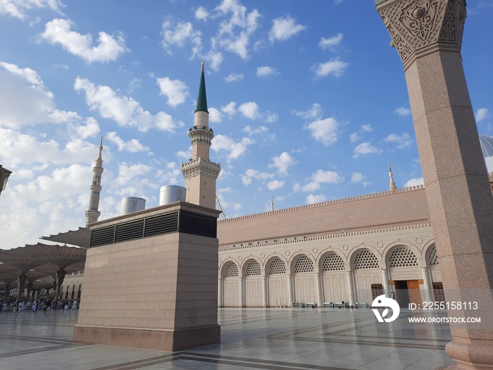 Beautiful daytime exterior view of  Prophet’s Mosque (Masjid Al Nabawi), Medina, Saudi Arabia.