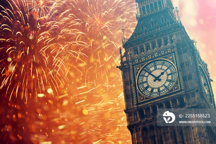 Explosive fireworks around Big Ben.