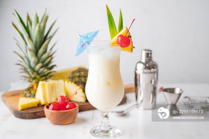 authentic pina colada cocktail with pineapple background