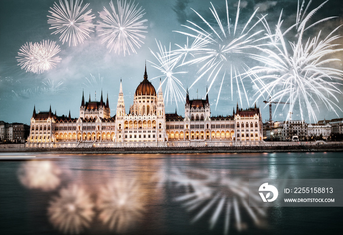 fireworks around Hungarian parliament-  New Year, Budapest