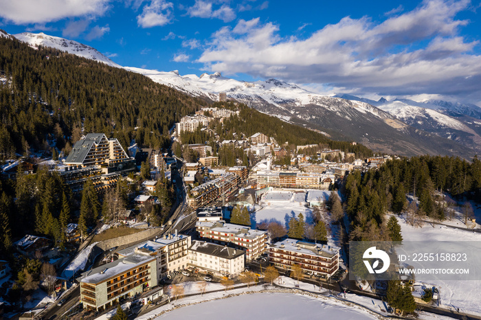 Aerial view of the famous Crans Montana village in the Swiss alps in Canton Valais in Switzerland. The village is a famous tourism and ski resort destination