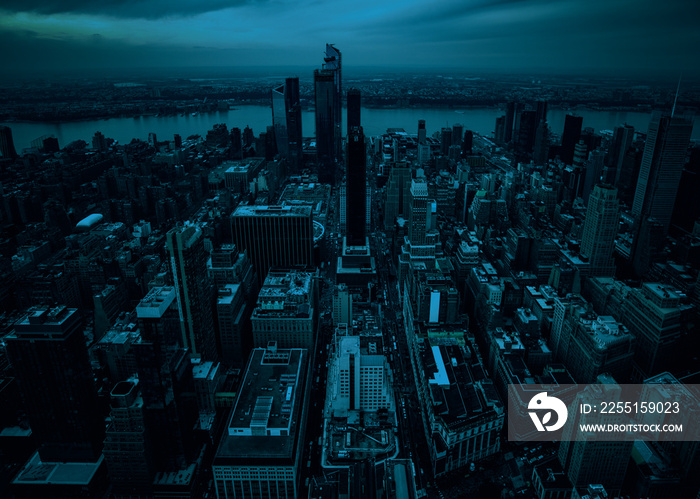 Landscape Aerial Cityscape of Hells Kitchen, Hudson Yards and the River Hudson, New York, USA. Dark Mode style Monochrome Background