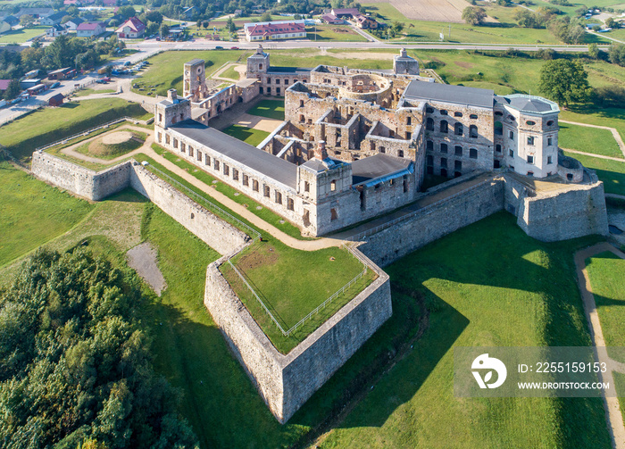 Old, ruined castle Krzyztopor in Ujazd, Poland, built in 17th century, ruined to naked walls in 18th century. Aerial view in the morning