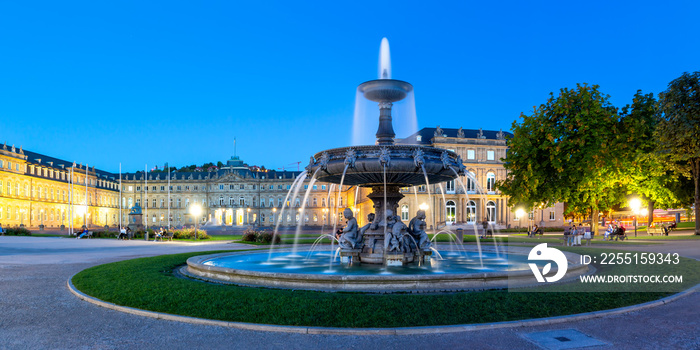 Stuttgart Castle square Schlossplatz Neues Schloss with fountain travel panorama at twilight in Germany