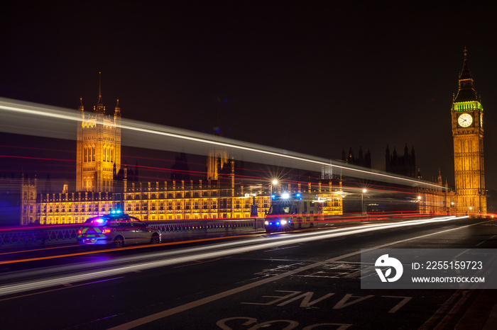 Emergency Vehicles by Big Ben, Westminster Bridge, London at Night