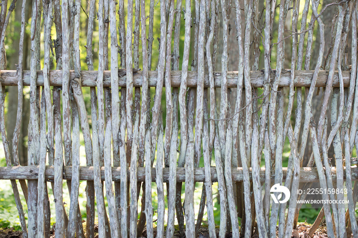 Fence made of twigs in the village. Close-up view.