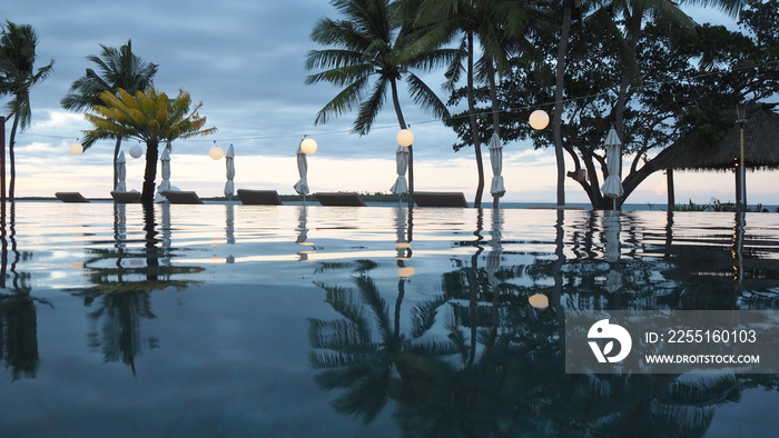 evening poolside view of the beach in Fiji