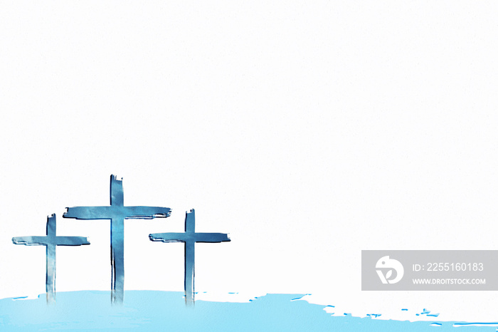 Christian worship and praise. Three crosses with cloudy sky background, water splashes and empty space.