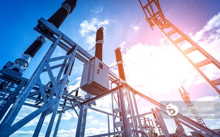 Construction of a power transmission substation on a background of blue sky