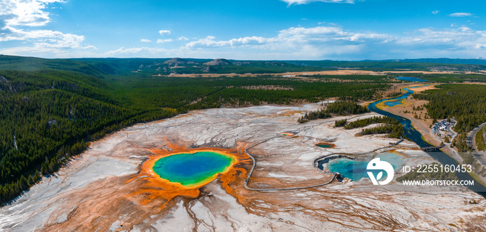 Aerial view of Grand Prismatic Spring in Midway Geyser Basin, Yellowstone National Park, Wyoming, USA. It is the largest hot spring in the United States