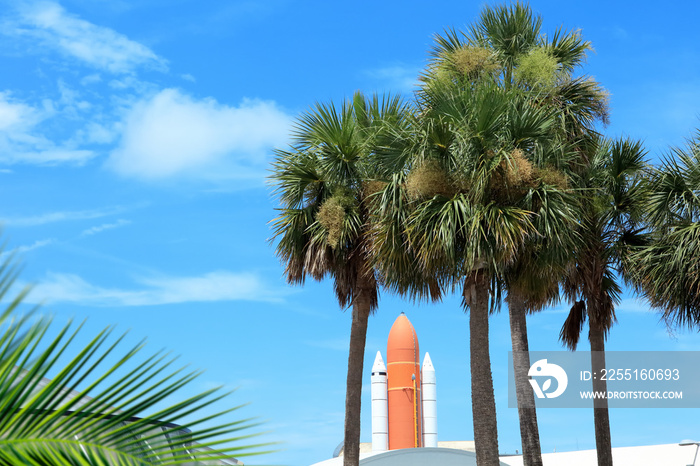 Space rocket and palm trees over blue sky in Florida, USA