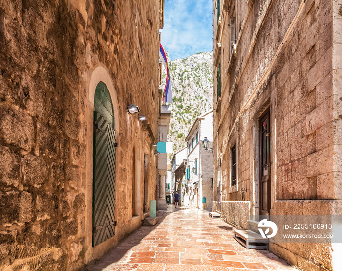 Traditional Adriatic street in the Old Town of Kotor, Montenegro