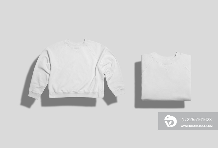 Plain white cotton short sweatshirt folded and unfolded front view on white background