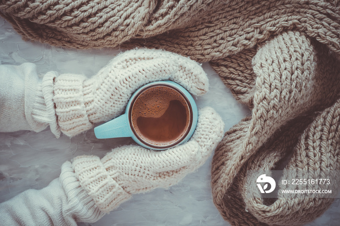 Christmas and New Year cozy holiday composition with scarf, woman hands in mittens, mugs with cocoa or chocolate on the gray concrete background. Flat lay, top view.