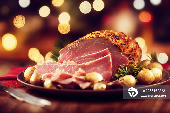 Traditional Christmas smoked roast pork ham sliced ​​on wooden cutting board with Christmas decoration