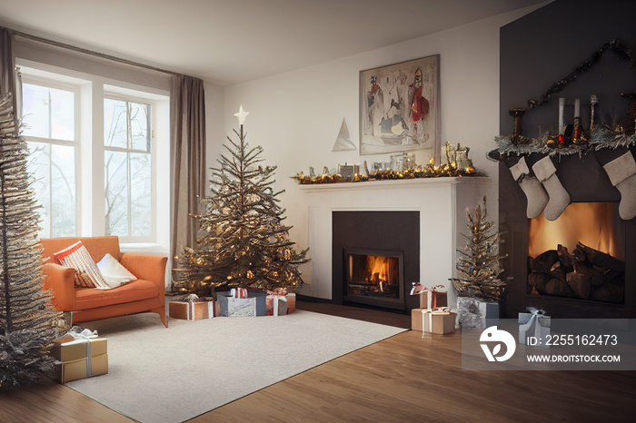 Wohnzimmer im Winter mit Kamin, Christbaum, Geschenken und Dekoration an Weihnachten, Illustration