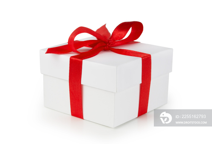 White One gift box with red ribbon bow, isolated on white background