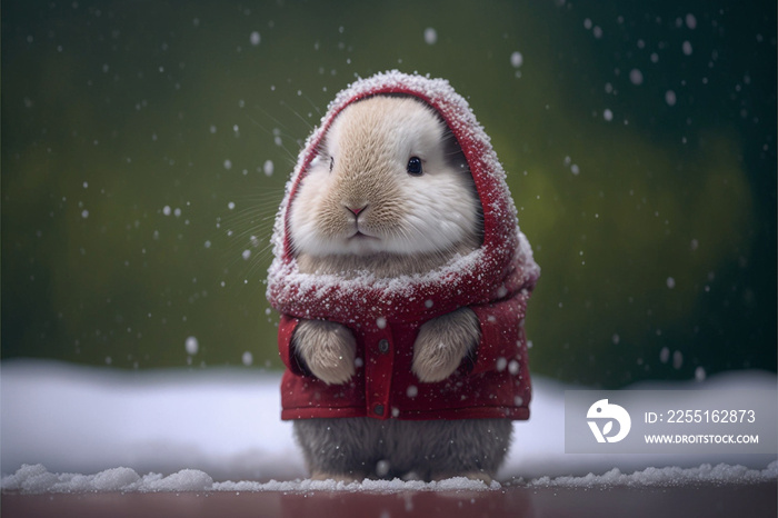 Little tiny bunny dressed up as Santa Claus on snowing