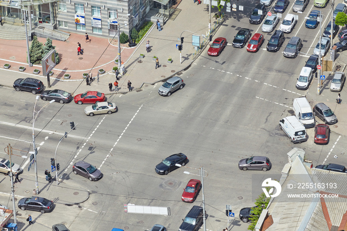 aerial view of cars and people