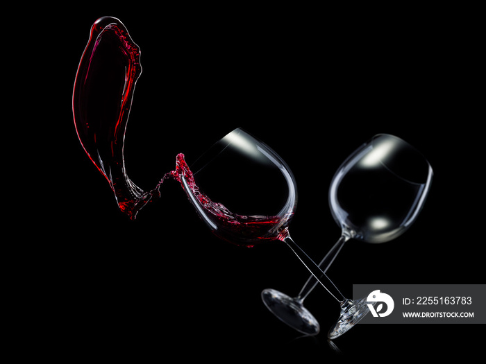 Set of empty glasses for red wine with splashes in a row isolated on black background.