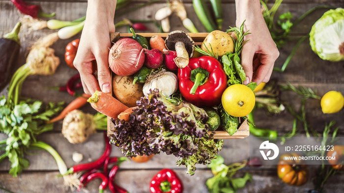 Organic vegetables healthy nutrition concept on wooden background