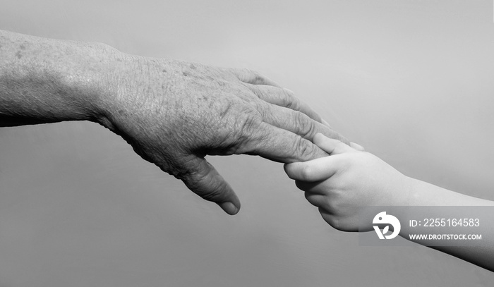 hand of a young baby touching old hand of the elderly