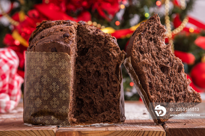 traditional christmas chocolate panettone open in portion