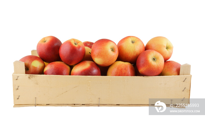 Red apples in wooden box isolated on white
