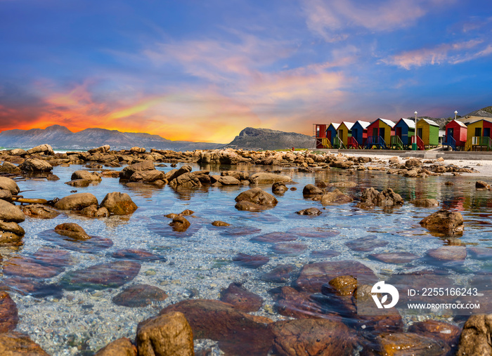 Muizenberg beach huts wooden cabins on indian ocean Cape Town South Africa