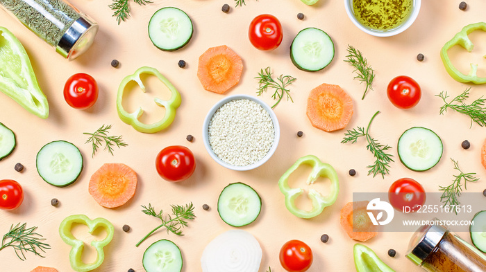 Salad ingredients layout. Food pattern with cherry tomatoes, carrot, cucumbers, radish, greens, pepper and spices