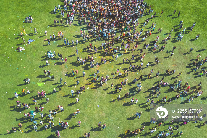 View from the drone of the crowd of people at the Holi Colors Festival