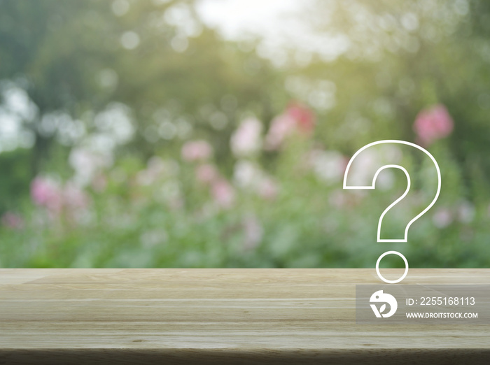 Question mark sign flat icon over blur pink flower and tree in garden, Business customer support concept