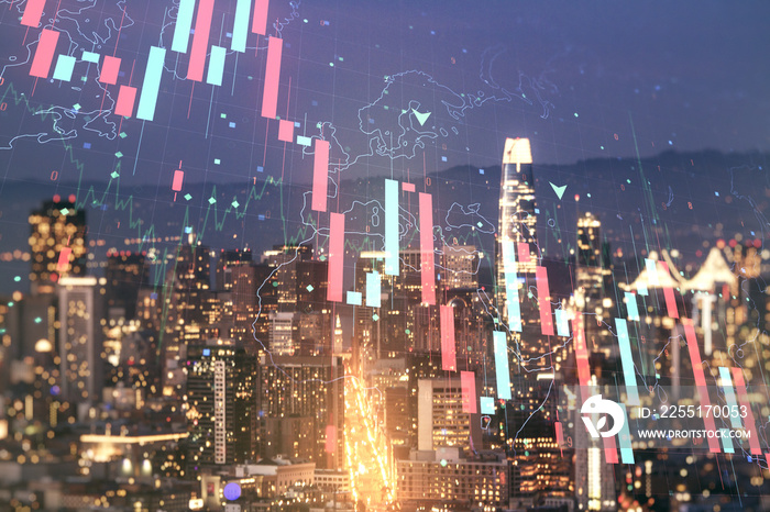 Economic crisis chart and world map hologram on San Francisco cityscape background, bankruptcy and recession concept. Multiexposure