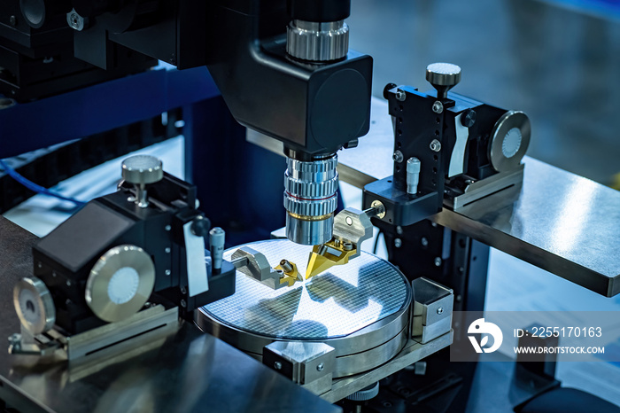 Microprocessor under microscope. Production of transistor microcircuits. Testing microprocessor under magnification. Automated production of printed circuit boards. Microelectronics PCB Manufacturing