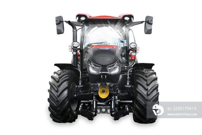 Front view of a heavy modern agricultural generic tractor isolated on white background