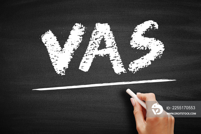 VAS Value-Added Services - popular telecommunications industry term for non-core services, beyond standard voice calls, acronym text on blackboard