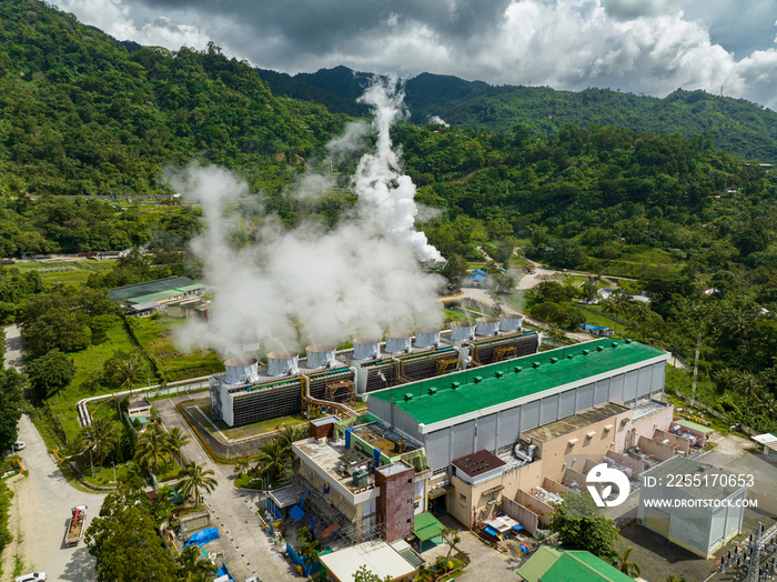 Geothermal power plant in a mountainous province. Renewable energy production at a power station. Negros, Philippines.