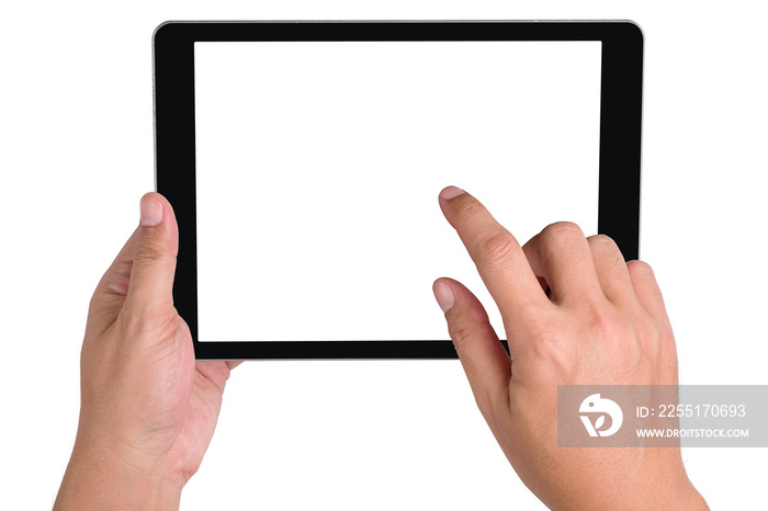 Hands holding the touch screen tablet, clipping path.