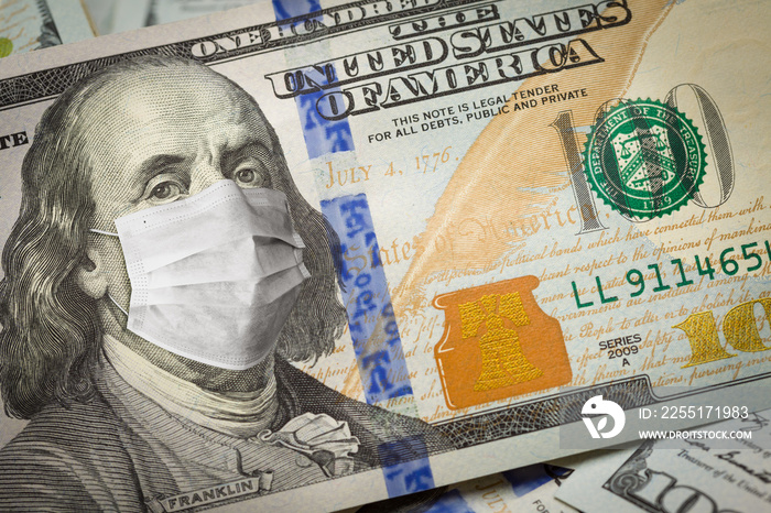 One Hundred Dollar Bill With Medical Face Mask on Benjamin Franklin