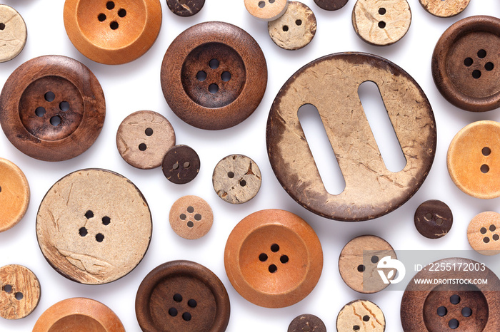 Button isolated on white  background. Wooden buttons collection closeup